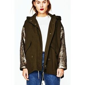 Zara Color-Changing Sequin Sleeve Parka Olive Green Utility Jacket Shiny Size S